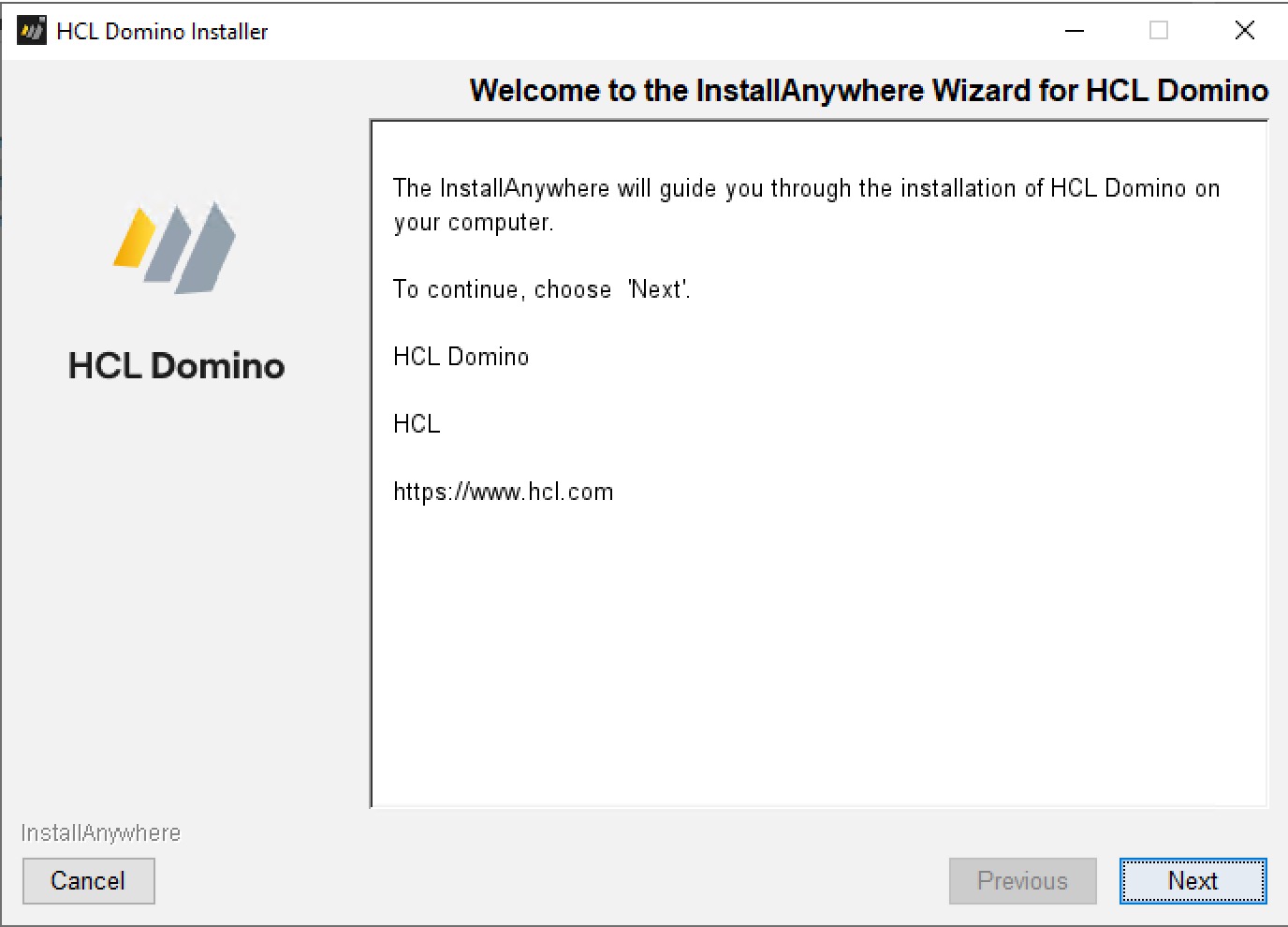 HCL Domino Installer - Install/Anywhere page